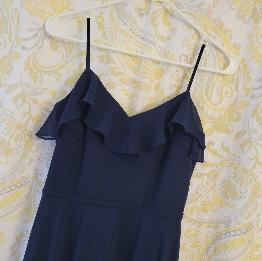 #LEVKOFF Ruffle V-Neck Chiffon Gown In Navy Color - Picture 4 of 11